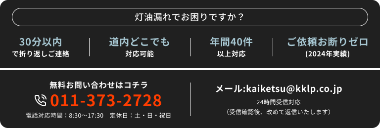 灯油漏れでお困りですか？ 30分以内で折り返しご連絡 道内どこでも対応可能 年間40件以上対応 ご依頼お断りゼロ(2024年実績)｜無料お問い合わせはコチラ tel.011-373-2728 電話対応時間：9時～17時半　定休日：土日｜メール:kaiketsu@kklp.co.jp